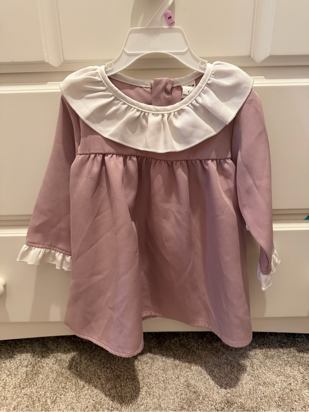 SHEIN Mauve Pink Long-Sleeve Ruffle Collar Dress with White Trim